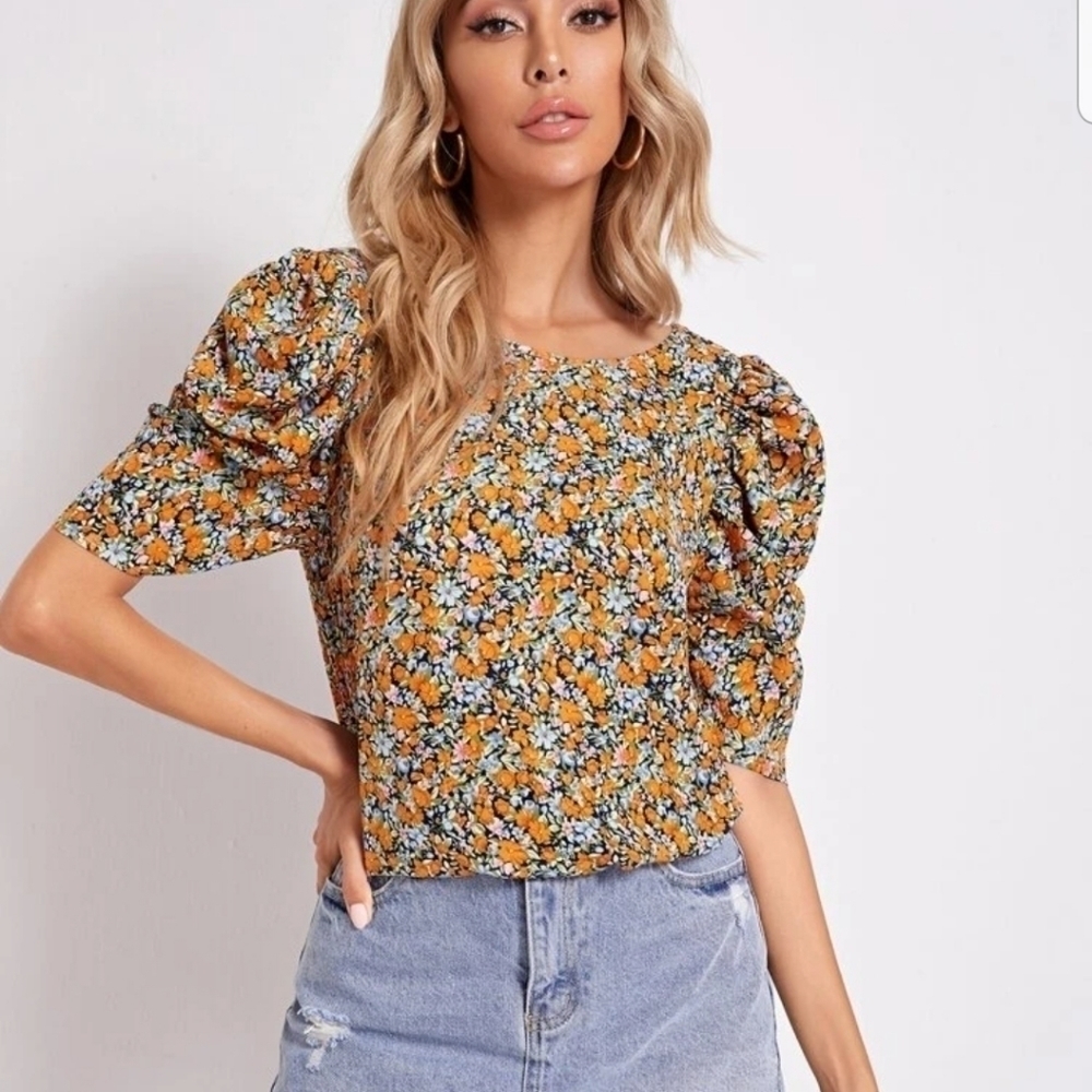 Shein Floral Print Puff Rusched Short Sleeve Top L